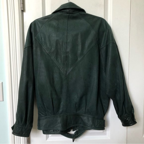 Vintage Pelle Cuir Green Leather Moto Bomber Jacket - Picture 5 of 8